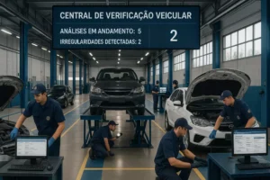Centro profissional de verificação veicular com técnicos realizando inspeções detalhadas