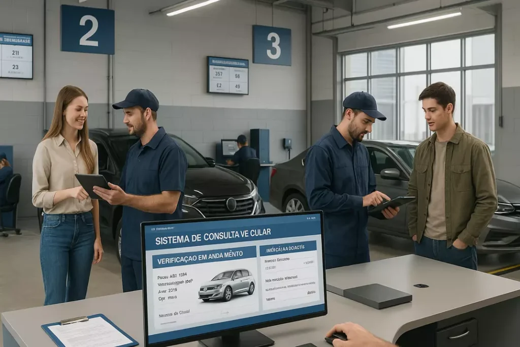 Centro de verificação veicular moderno com especialistas atendendo jovens compradores