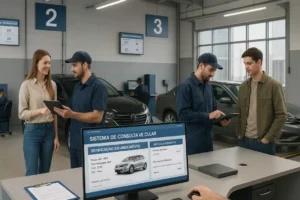 Centro de verificação veicular moderno com especialistas atendendo jovens compradores