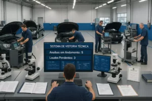 Centro profissional de vistoria técnica com estações de trabalho e equipamentos especializados