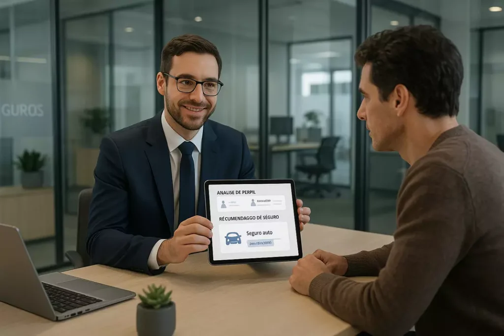 Consultor de seguros apresentando análise personalizada em tablet para cliente em escritório moderno