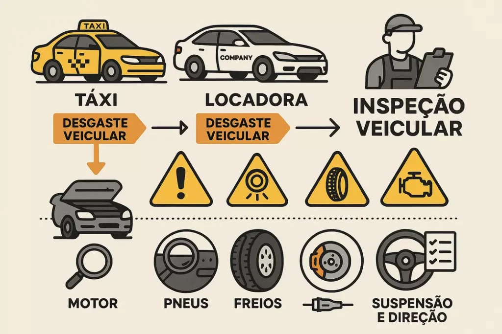 Verificar uso severo: guia visual de inspeção para táxi, frota e locadora