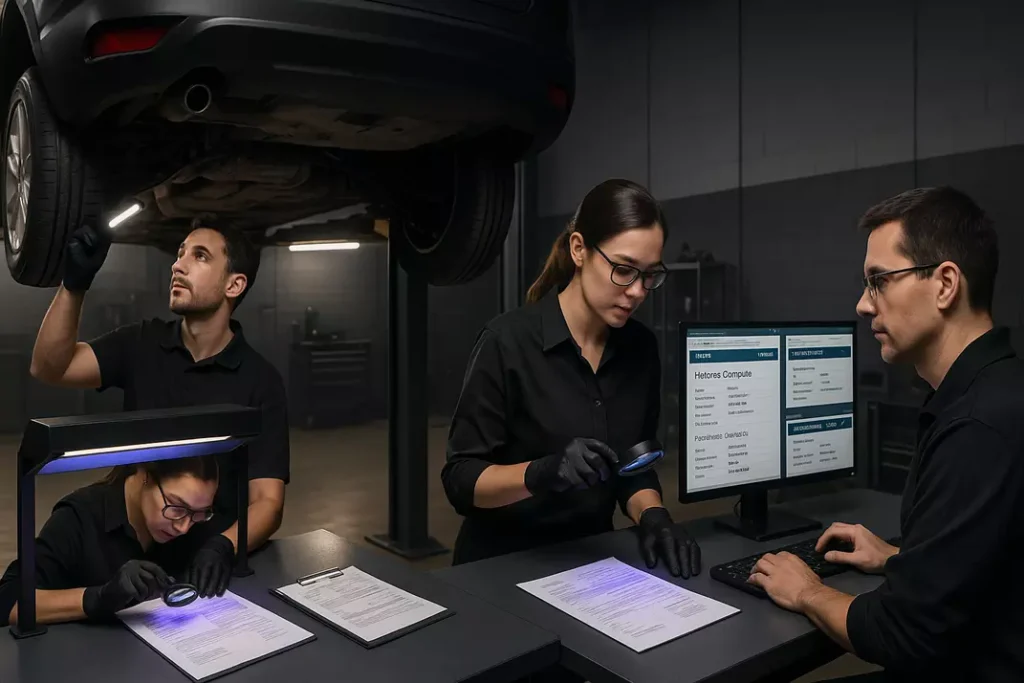 Ambiente profissional de inspeção veicular com múltiplas estações de verificação de motor