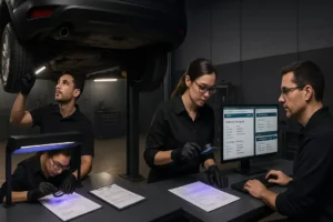 Ambiente profissional de inspeção veicular com múltiplas estações de verificação de motor