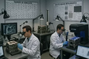 Ambiente profissional de perícia automotiva com equipamentos especializados para análise de motores