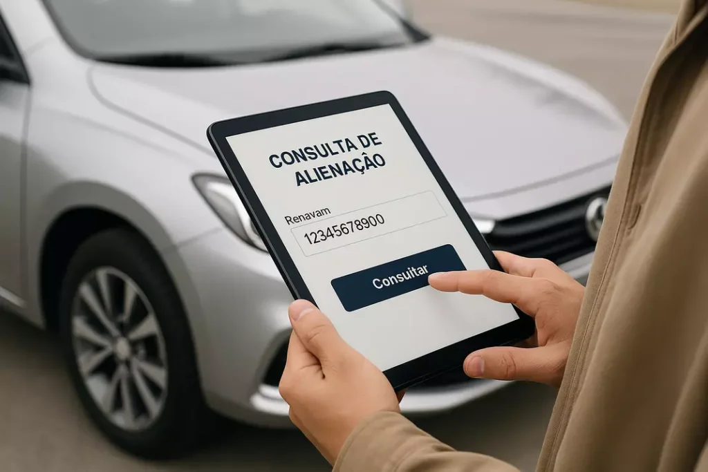 Verificação de alienação e financiamento em tablet com carro ao fundo