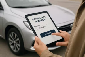 Verificação de alienação e financiamento em tablet com carro ao fundo