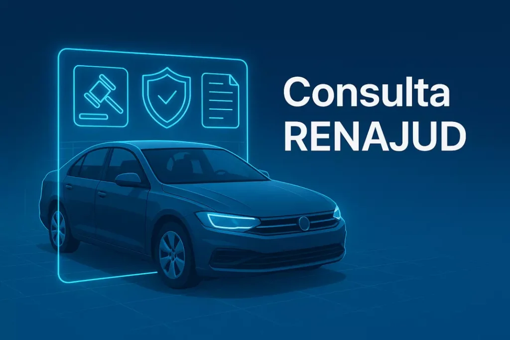Sistema RENAJUD ilustrado com carro e símbolos de verificação judicial