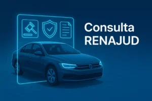 Sistema RENAJUD ilustrado com carro e símbolos de verificação judicial