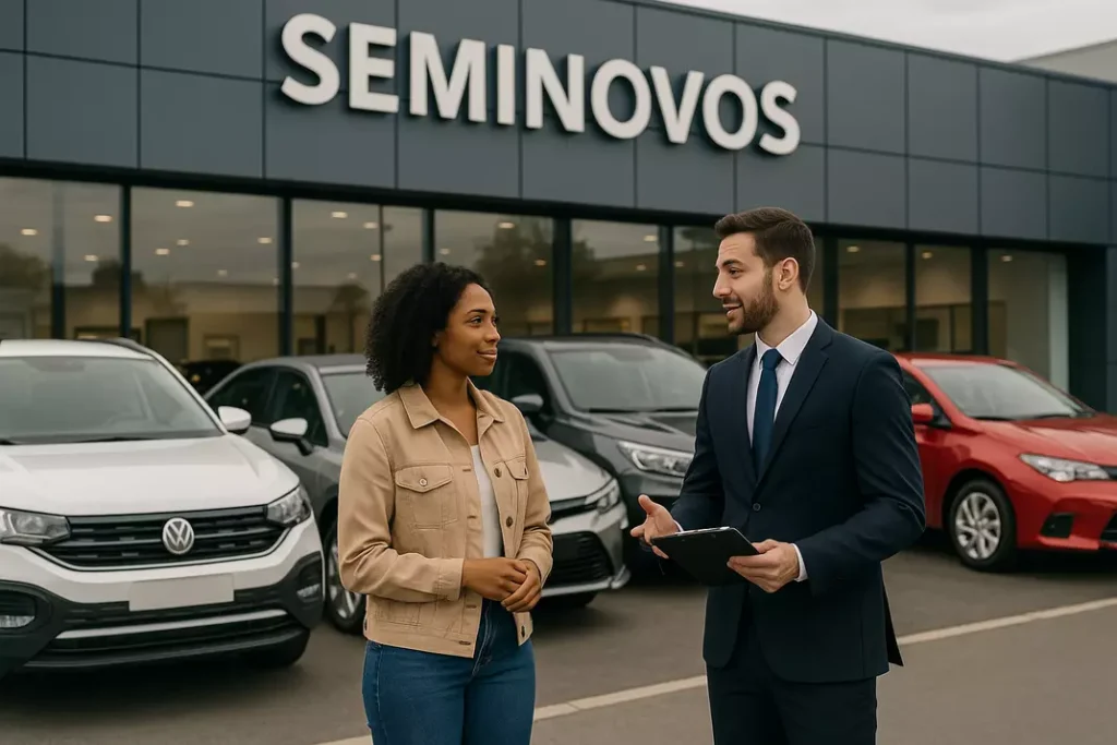 Expansão do mercado de seminovos ilustrada em concessionária moderna