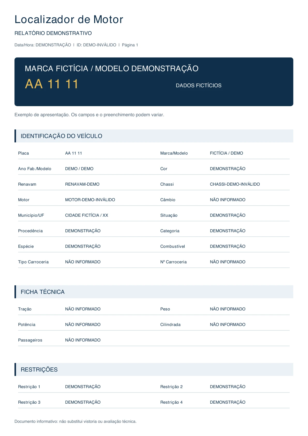 Amostra com dados fictícios: identificação do veículo, ficha técnica e campos de restrições.